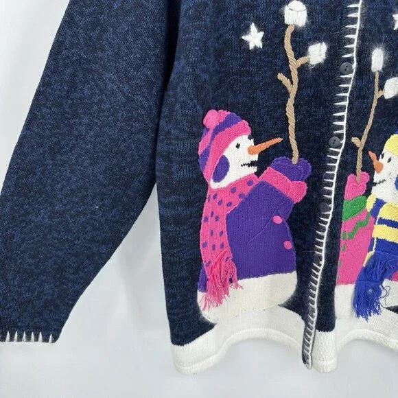 QUACKER FACTORY cardigan sweater snowmen winter smores embellished quirky XL - Picture 5 of 8